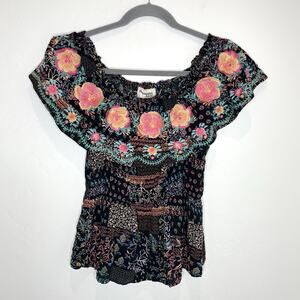 Savanna Jane Off Shoulder Embroidered Top Womens Plus 1X Black Floral